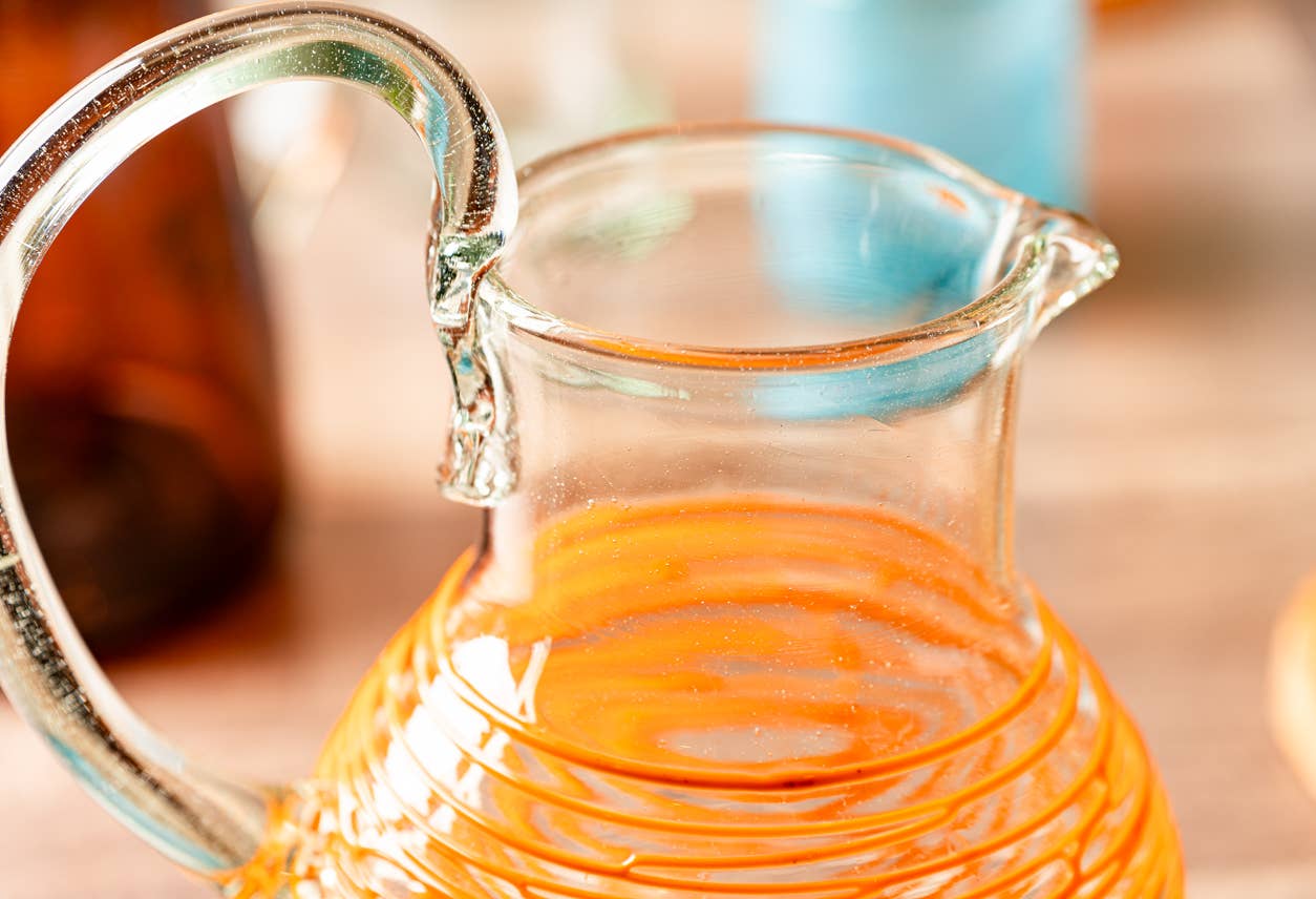 Handblown Glass Pitcher-Orange Swirl