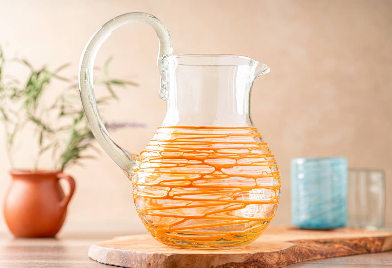 Handblown Glass Pitcher-Orange Swirl